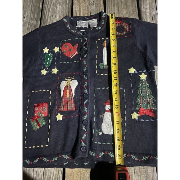 Vintage 80s Northern Treasures blue embroidered Christmas Holiday cardigan M - Picture 8 of 14